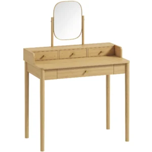 Kaptafel Met Draaibare Spiegel, Grenenhouten Kaptafel Met 4 Lades, Opbergruimte Voor Slaapkamer, Eiken