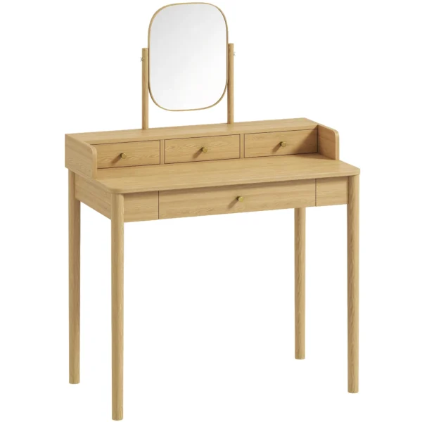Kaptafel Met Draaibare Spiegel, Grenenhouten Kaptafel Met 4 Lades, Opbergruimte Voor Slaapkamer, Eiken