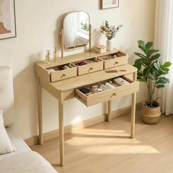 Kaptafel Met Draaibare Spiegel, Grenenhouten Kaptafel Met 4 Lades, Opbergruimte Voor Slaapkamer, Eiken