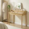 Kaptafel Met Draaibare Spiegel, Grenenhouten Kaptafel Met 4 Lades, Opbergruimte Voor Slaapkamer, Eiken