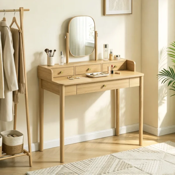 Kaptafel Met Draaibare Spiegel, Grenenhouten Kaptafel Met 4 Lades, Opbergruimte Voor Slaapkamer, Eiken
