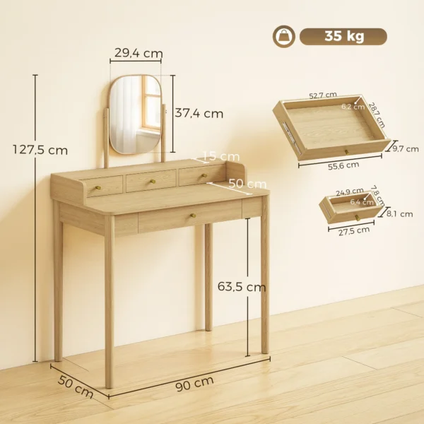 Kaptafel Met Draaibare Spiegel, Grenenhouten Kaptafel Met 4 Lades, Opbergruimte Voor Slaapkamer, Eiken