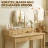 Kaptafel Met Draaibare Spiegel, Grenenhouten Kaptafel Met 4 Lades, Opbergruimte Voor Slaapkamer, Eiken