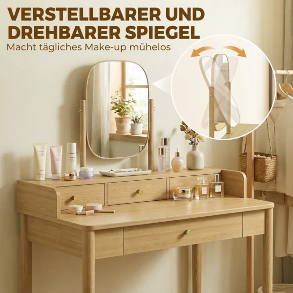 Kaptafel Met Draaibare Spiegel, Grenenhouten Kaptafel Met 4 Lades, Opbergruimte Voor Slaapkamer, Eiken