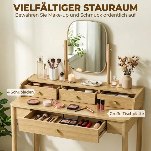 Kaptafel Met Draaibare Spiegel, Grenenhouten Kaptafel Met 4 Lades, Opbergruimte Voor Slaapkamer, Eiken