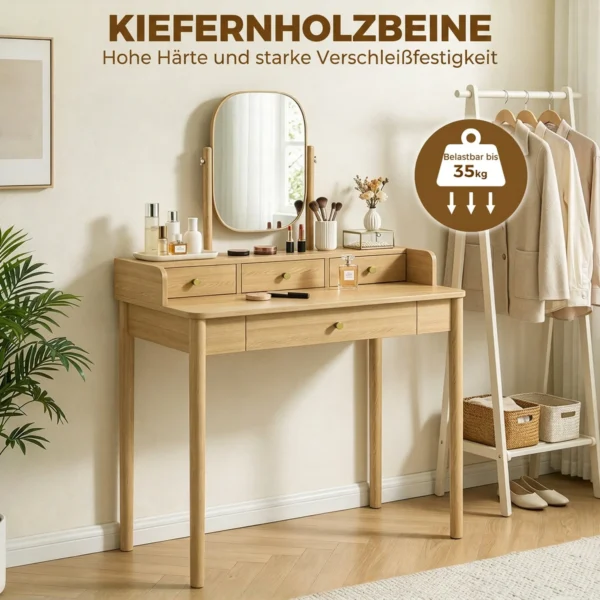 Kaptafel Met Draaibare Spiegel, Grenenhouten Kaptafel Met 4 Lades, Opbergruimte Voor Slaapkamer, Eiken