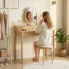 Kaptafel Met Draaibare Spiegel, Grenenhouten Kaptafel Met 4 Lades, Opbergruimte Voor Slaapkamer, Eiken