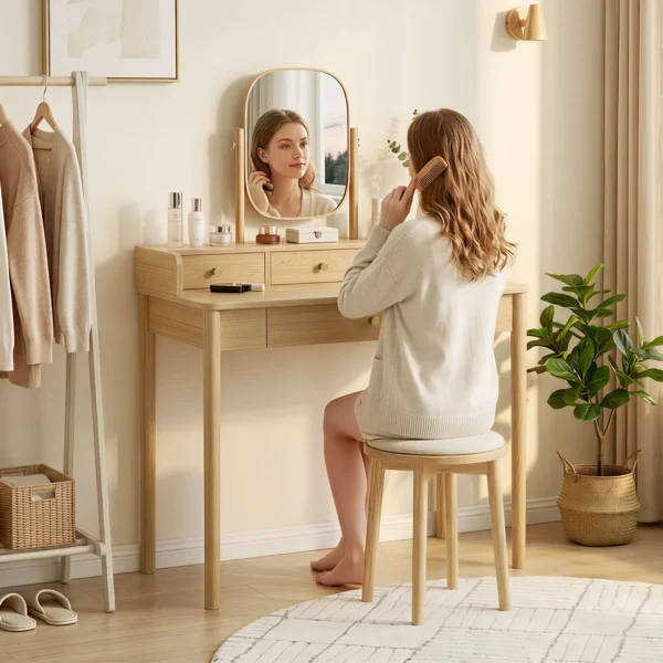 Kaptafel Met Draaibare Spiegel, Grenenhouten Kaptafel Met 4 Lades, Opbergruimte Voor Slaapkamer, Eiken