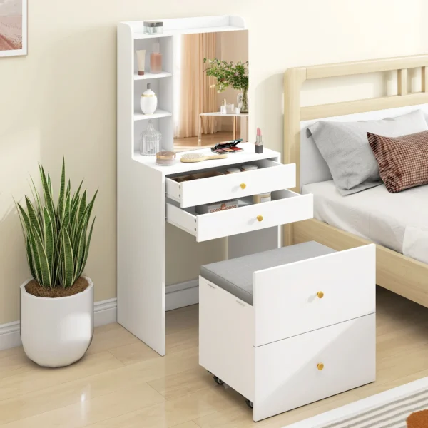 Kaptafel Met Spiegel En Gestoffeerde Kruk, Compacte Kaptafel Met Kast, Laden En Open Planken, Wit