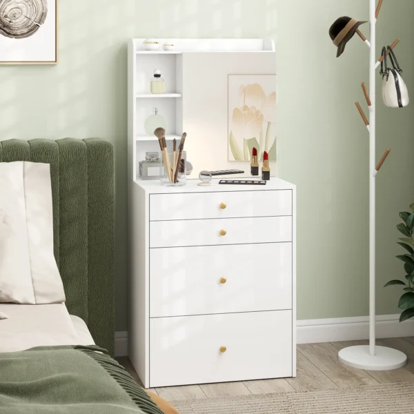 Kaptafel Met Spiegel En Gestoffeerde Kruk, Compacte Kaptafel Met Kast, Laden En Open Planken, Wit