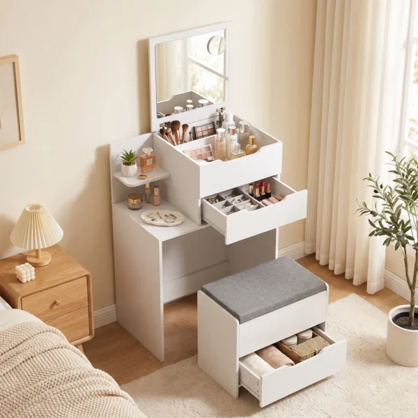 Kaptafel Met Spiegel En Kruk Met Klapspiegel, Make uptafel Met Lades, Wit