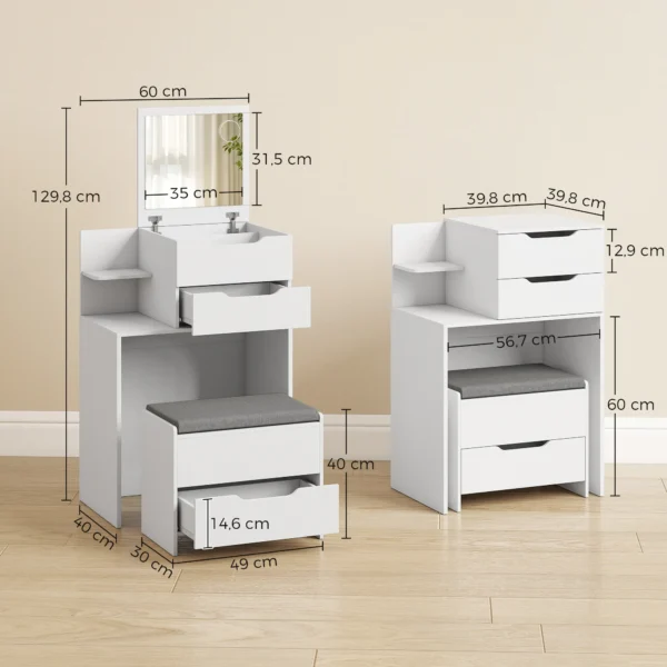 Kaptafel Met Spiegel En Kruk Met Klapspiegel, Make uptafel Met Lades, Wit