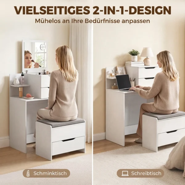 Kaptafel Met Spiegel En Kruk Met Klapspiegel, Make uptafel Met Lades, Wit