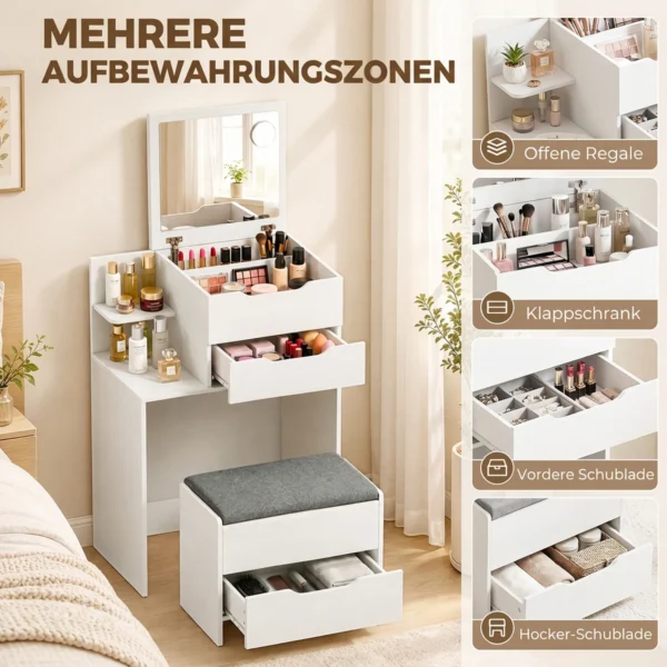 Kaptafel Met Spiegel En Kruk Met Klapspiegel, Make uptafel Met Lades, Wit