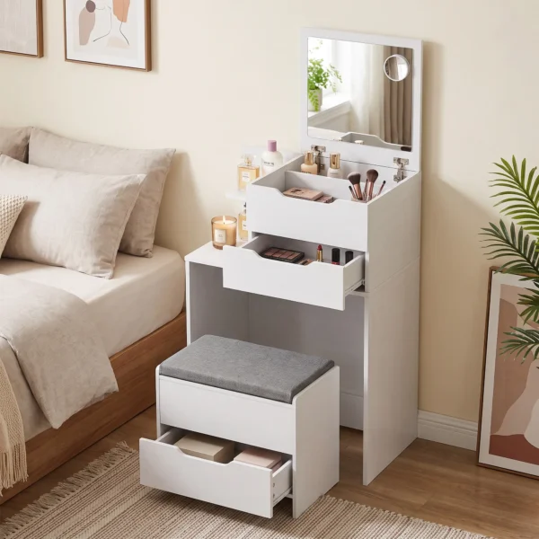 Kaptafel Met Spiegel En Kruk Met Klapspiegel, Make uptafel Met Lades, Wit