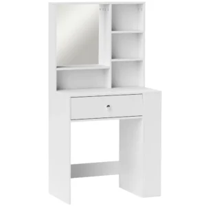 Kaptafel Met Spiegel, Lade, 3 laags Zijplank, Spaanplaat, Wit