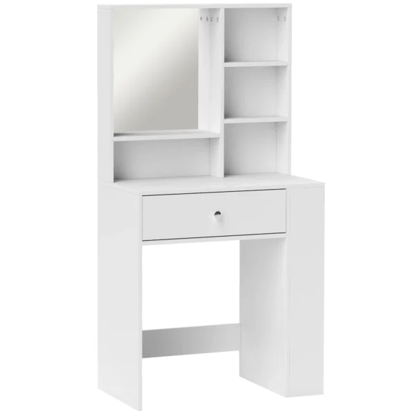 Kaptafel Met Spiegel, Lade, 3 laags Zijplank, Spaanplaat, Wit