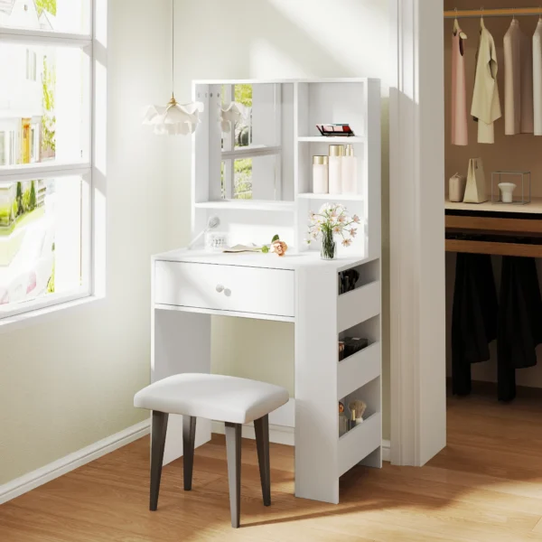Kaptafel Met Spiegel, Lade, 3 laags Zijplank, Spaanplaat, Wit