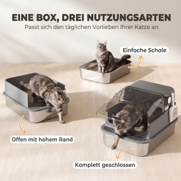 Kattenbak Van Roestvrij Staal Met Afneembaar Deksel XL 92L Voor Grote Katten 3 In 1 Met Schep Hoge Randen