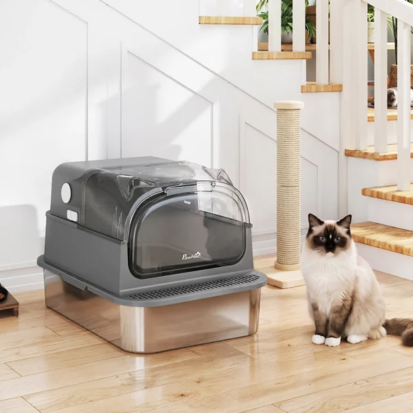 Kattenbak Van Roestvrij Staal Met Afneembaar Deksel XL 92L Voor Grote Katten 3 In 1 Met Schep Hoge Randen