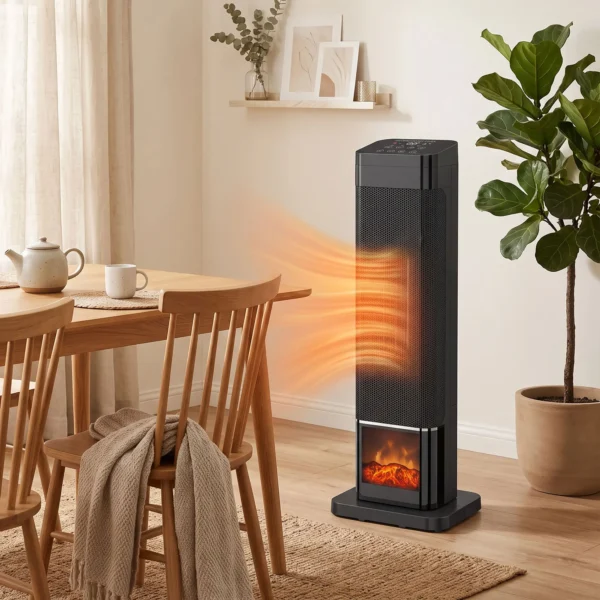 Keramische Verwarming 2000W Met Vlam Effect, Thermostaat, Elektrische Verwarming, Afstandsbediening, Zwart