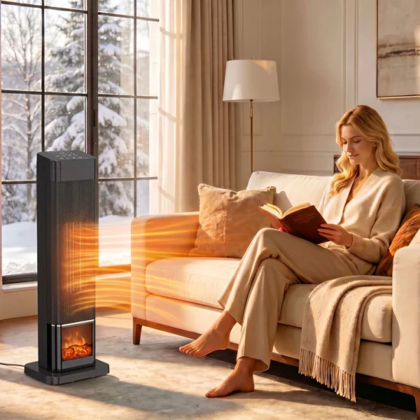 Keramische Verwarming 2000W Met Vlam Effect, Thermostaat, Elektrische Verwarming, Afstandsbediening, Zwart