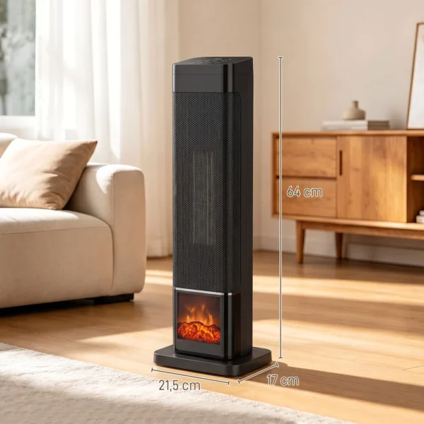 Keramische Verwarming 2000W Met Vlam Effect, Thermostaat, Elektrische Verwarming, Afstandsbediening, Zwart