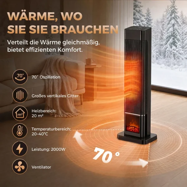 Keramische Verwarming 2000W Met Vlam Effect, Thermostaat, Elektrische Verwarming, Afstandsbediening, Zwart