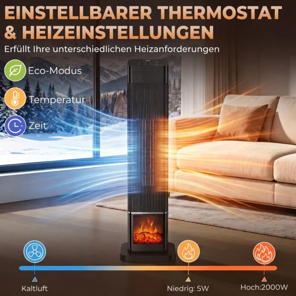 Keramische Verwarming 2000W Met Vlam Effect, Thermostaat, Elektrische Verwarming, Afstandsbediening, Zwart