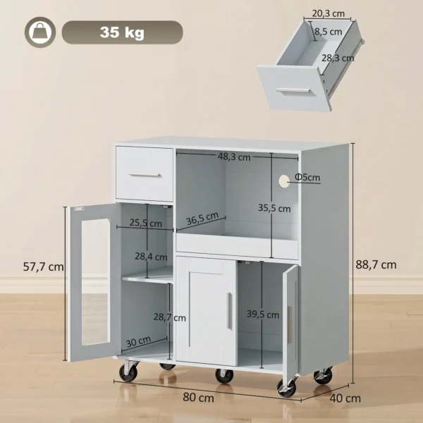 Keukenkast Op Wielen, Mobiele Keukenkast Met Planken, Lades, Verstelbaar Rek, Kabelgat, Grijs