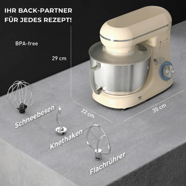 Keukenmachine Kneedmachine Met 4,5L RVS Kom 1300W Deegmachine Met 6+P Snelheid Beige