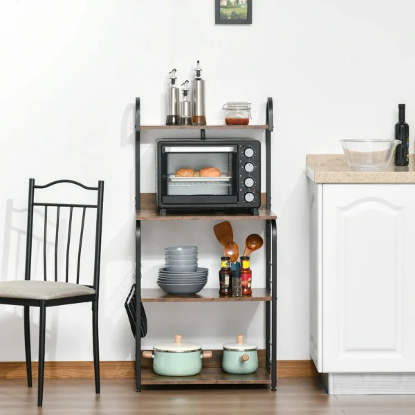 Keukenrek, Staand Rek Met 3 Planken, 4 Haken, Magnetronrek Voor Keuken, Eetkamer, Rustiek Bruin, 60 X 40 X 125 Cm