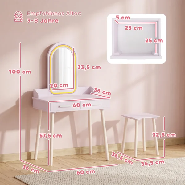 Kinder Make up Tafel Set 2 In 1 Kaptafel Bureau Met Kruk LED Spiegel In 3 Lichtkleuren 2 Lade 3 8 Jaar