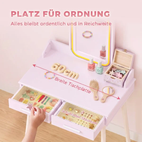 Kinder Make up Tafel Set 2 In 1 Kaptafel Bureau Met Kruk LED Spiegel In 3 Lichtkleuren 2 Lade 3 8 Jaar