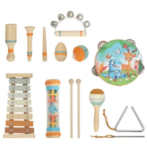 Kinder Schlagzeug 14 teilig Montessori Musikinstrumente Set Mit Trommeln Xylophon Klangholz, Maracas Für 1,5 6 Jahre