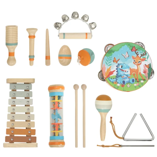 Kinder Schlagzeug 14 teilig Montessori Musikinstrumente Set Mit Trommeln Xylophon Klangholz, Maracas Für 1,5 6 Jahre