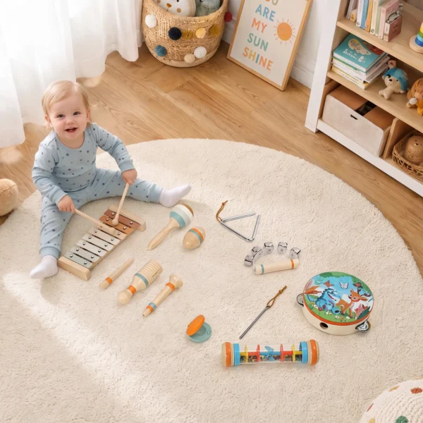 Kinder Schlagzeug 14 teilig Montessori Musikinstrumente Set Mit Trommeln Xylophon Klangholz, Maracas Für 1,5 6 Jahre