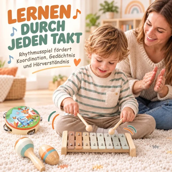 Kinder Schlagzeug 14 teilig Montessori Musikinstrumente Set Mit Trommeln Xylophon Klangholz, Maracas Für 1,5 6 Jahre
