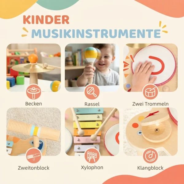Kinder Schlagzeug 5 in 1 Montessori Musikinstrumente Set Mit Trommeln Xylophon Schlagwerk Für Kinder 1,5 6 Jahre