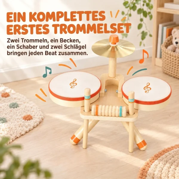 Kinder Schlagzeug 6 Teilige Montessori Musikinstrumente Set Mit 2 Trommeln, Becken, Schraper, 2 Schlägel 1,5 6 Jahre