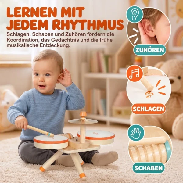 Kinder Schlagzeug 6 Teilige Montessori Musikinstrumente Set Mit 2 Trommeln, Becken, Schraper, 2 Schlägel 1,5 6 Jahre