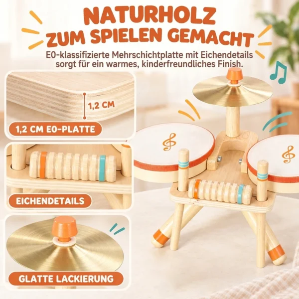 Kinder Schlagzeug 6 Teilige Montessori Musikinstrumente Set Mit 2 Trommeln, Becken, Schraper, 2 Schlägel 1,5 6 Jahre