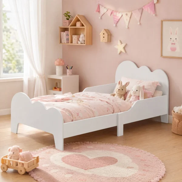 Kinderbed 140 X 70 Cm Peuterbed Met Valbeveiliging, Lattenbodem, Wolkenontwerp 3 8 Jaar, Zonder Matras, Wit