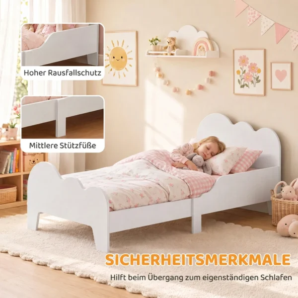 Kinderbed 140 X 70 Cm Peuterbed Met Valbeveiliging, Lattenbodem, Wolkenontwerp 3 8 Jaar, Zonder Matras, Wit