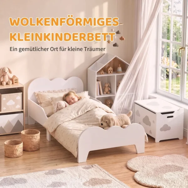 Kinderbed 140 X 70 Cm Peuterbed Met Valbeveiliging, Lattenbodem, Wolkenontwerp 3 8 Jaar, Zonder Matras, Wit
