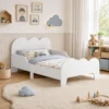 Kinderbed 140 X 70 Cm Peuterbed Met Valbeveiliging, Lattenbodem, Wolkenontwerp 3 8 Jaar, Zonder Matras, Wit