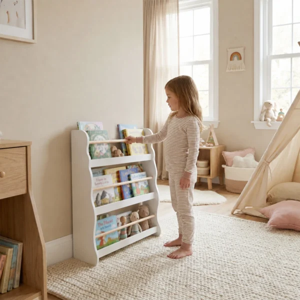 Kinderboekenkast, Wandgemonteerd Kinderrek Met 3 Niveaus, Wandrek Met Kantelbeveiliging 60 X 15 X 73 Cm Wit