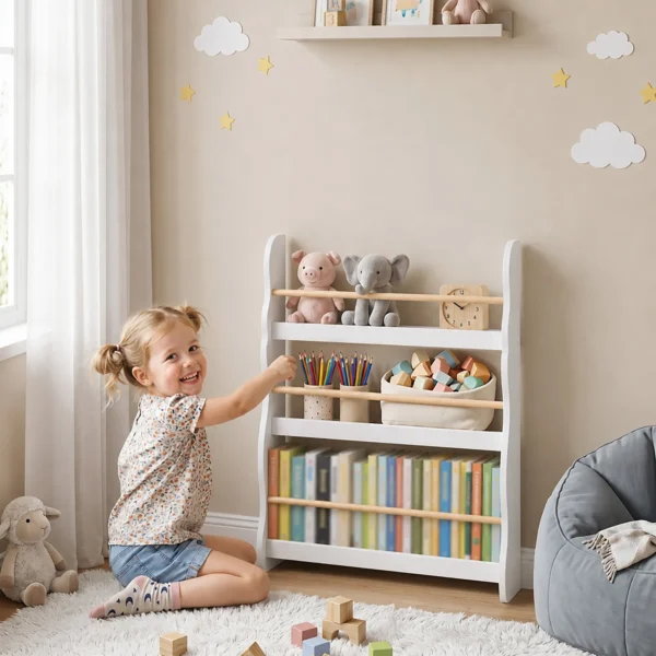 Kinderboekenkast, Wandgemonteerd Kinderrek Met 3 Niveaus, Wandrek Met Kantelbeveiliging 60 X 15 X 73 Cm Wit