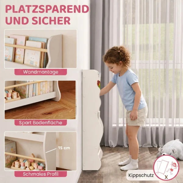 Kinderboekenkast, Wandgemonteerd Kinderrek Met 3 Niveaus, Wandrek Met Kantelbeveiliging 60 X 15 X 73 Cm Wit