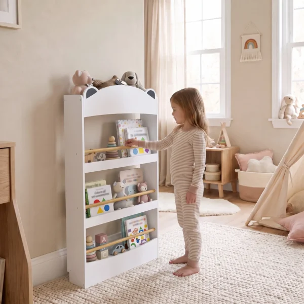 Kinderboekenkast, Wandgemonteerd Kinderrek Met 4 Niveaus, Wandrek Met Beer vormig Ontwerp, 50 X 15 X 97 Cm Wit